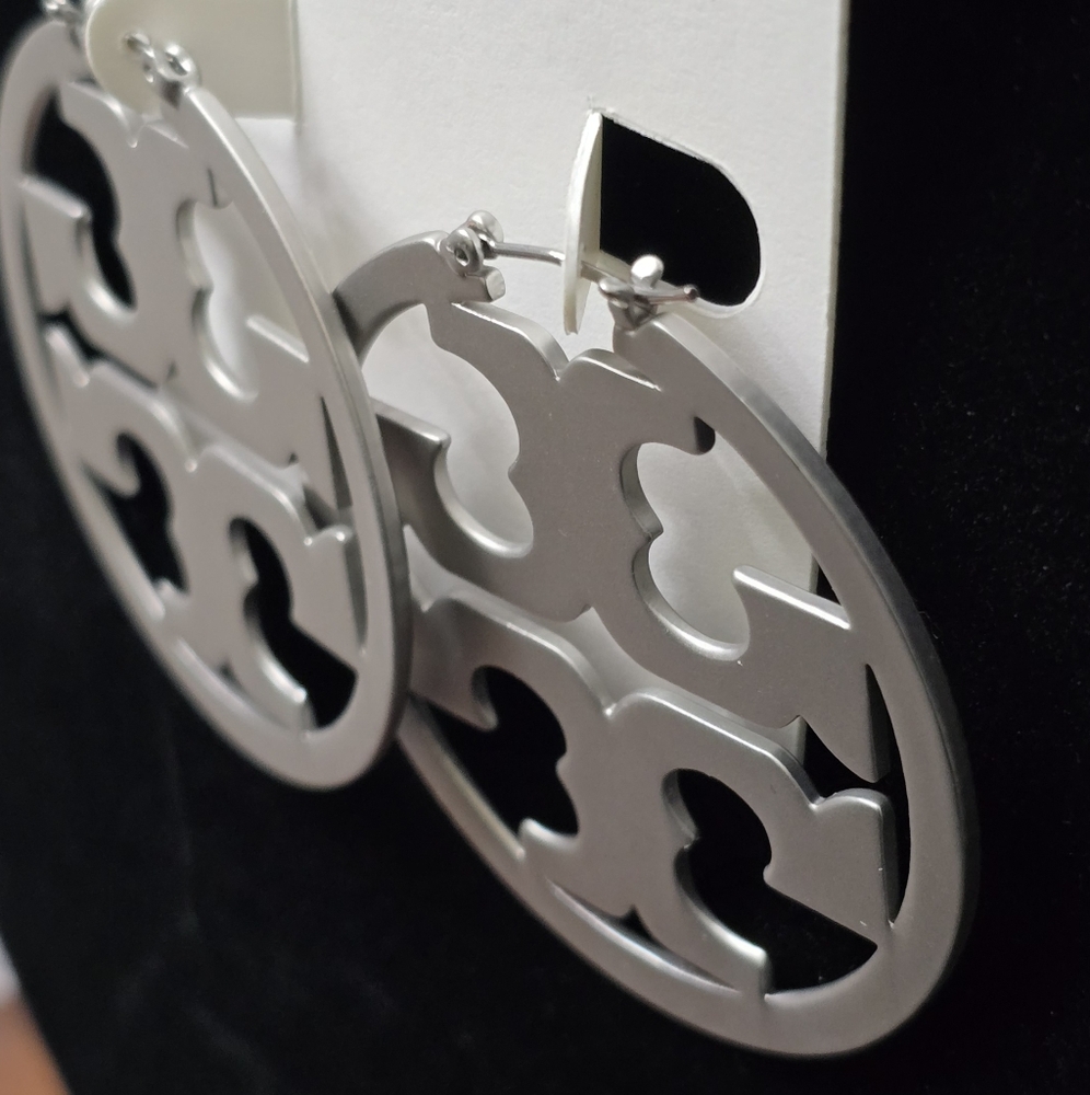 Tory Burch Miller Silvertone Logo Hoop Earrings - Picture 5 of 5